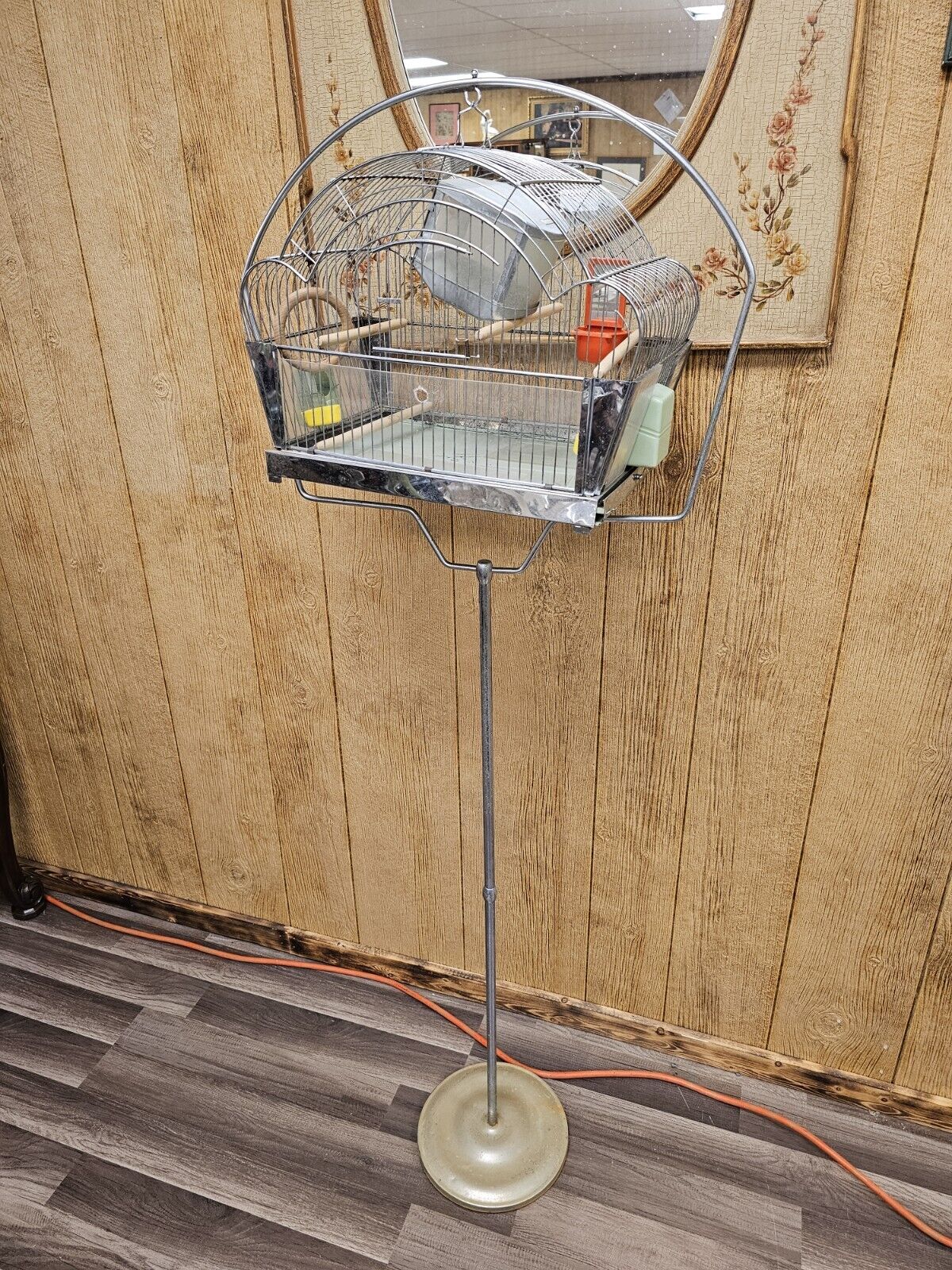 Vtg MCM Art Deco Chrome Genykage Bird Cage Stand Feeding Watering Accessories