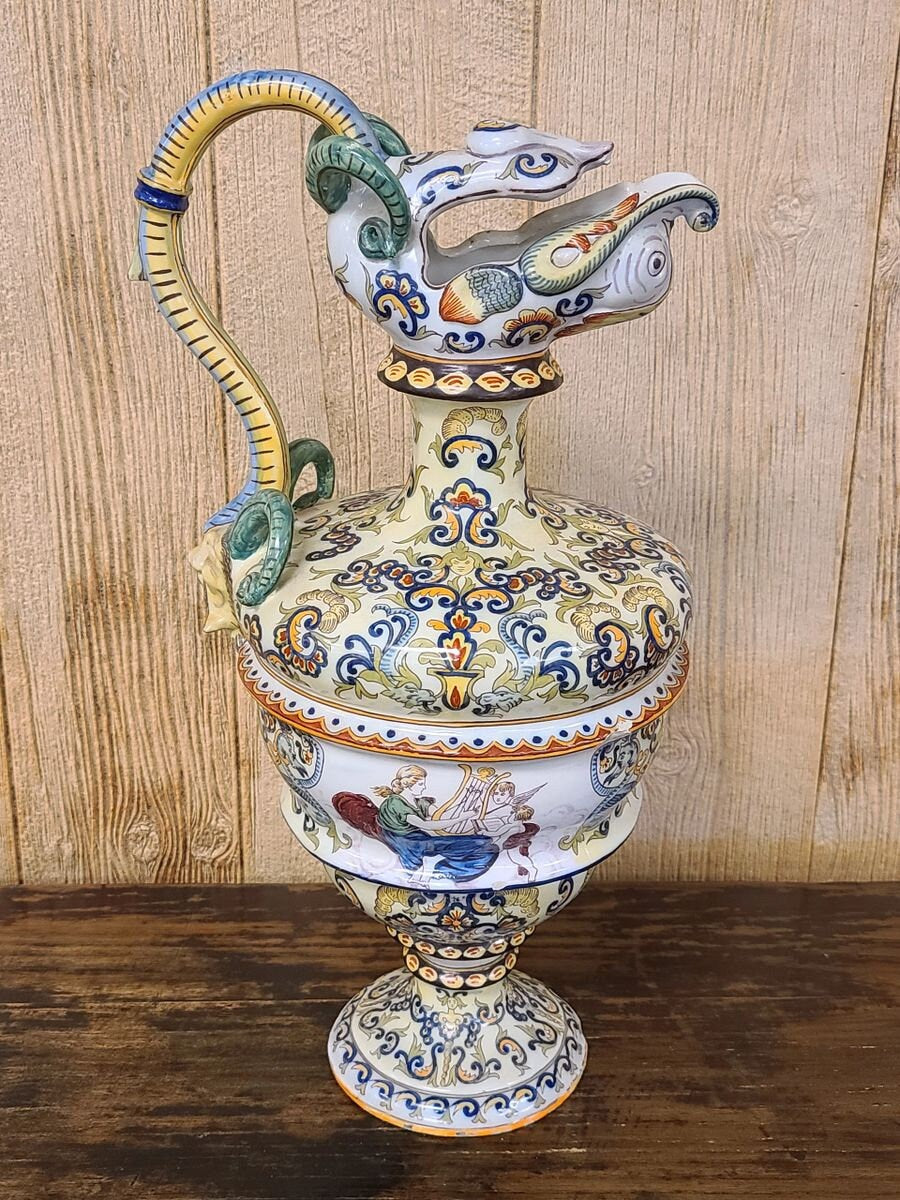 Antique 19th Century Italian Majolica Pitcher Ewer Pouring Vessel