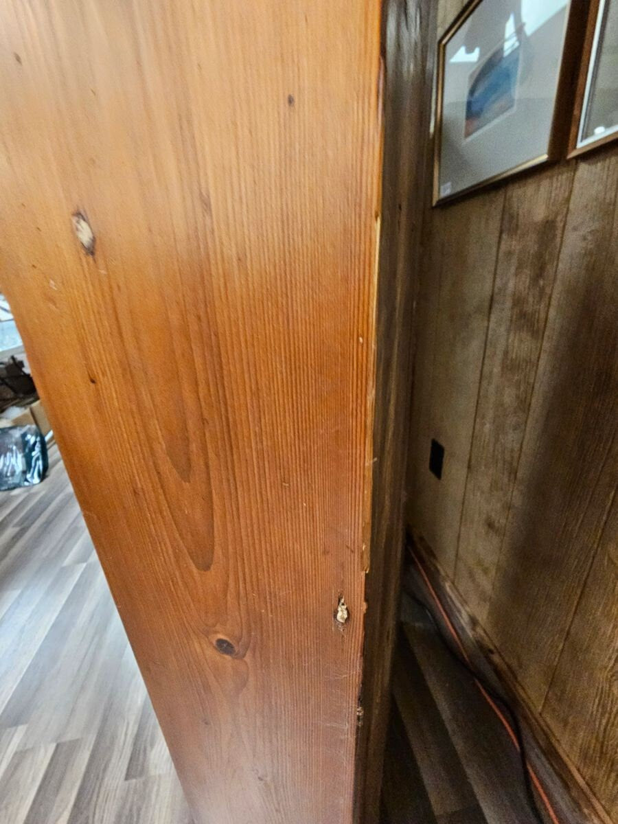 Antique Primitive Pine Corner Cabinet w Glass Panel Doors & Porcelain Pulls Local Pick Up