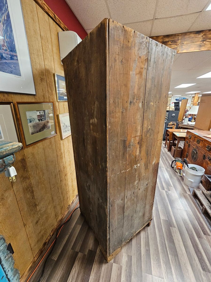 Antique Primitive Pine Corner Cabinet w Glass Panel Doors & Porcelain Pulls Local Pick Up