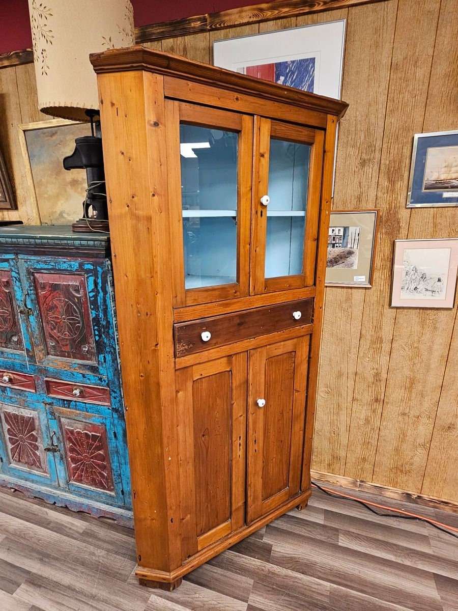 Antique Primitive Pine Corner Cabinet w Glass Panel Doors & Porcelain Pulls Local Pick Up