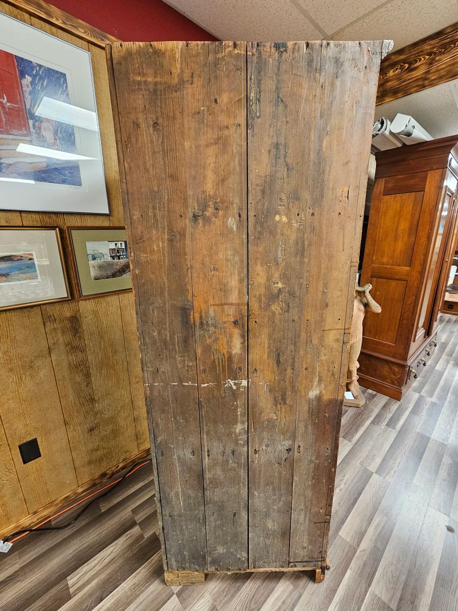Antique Primitive Pine Corner Cabinet w Glass Panel Doors & Porcelain Pulls Local Pick Up