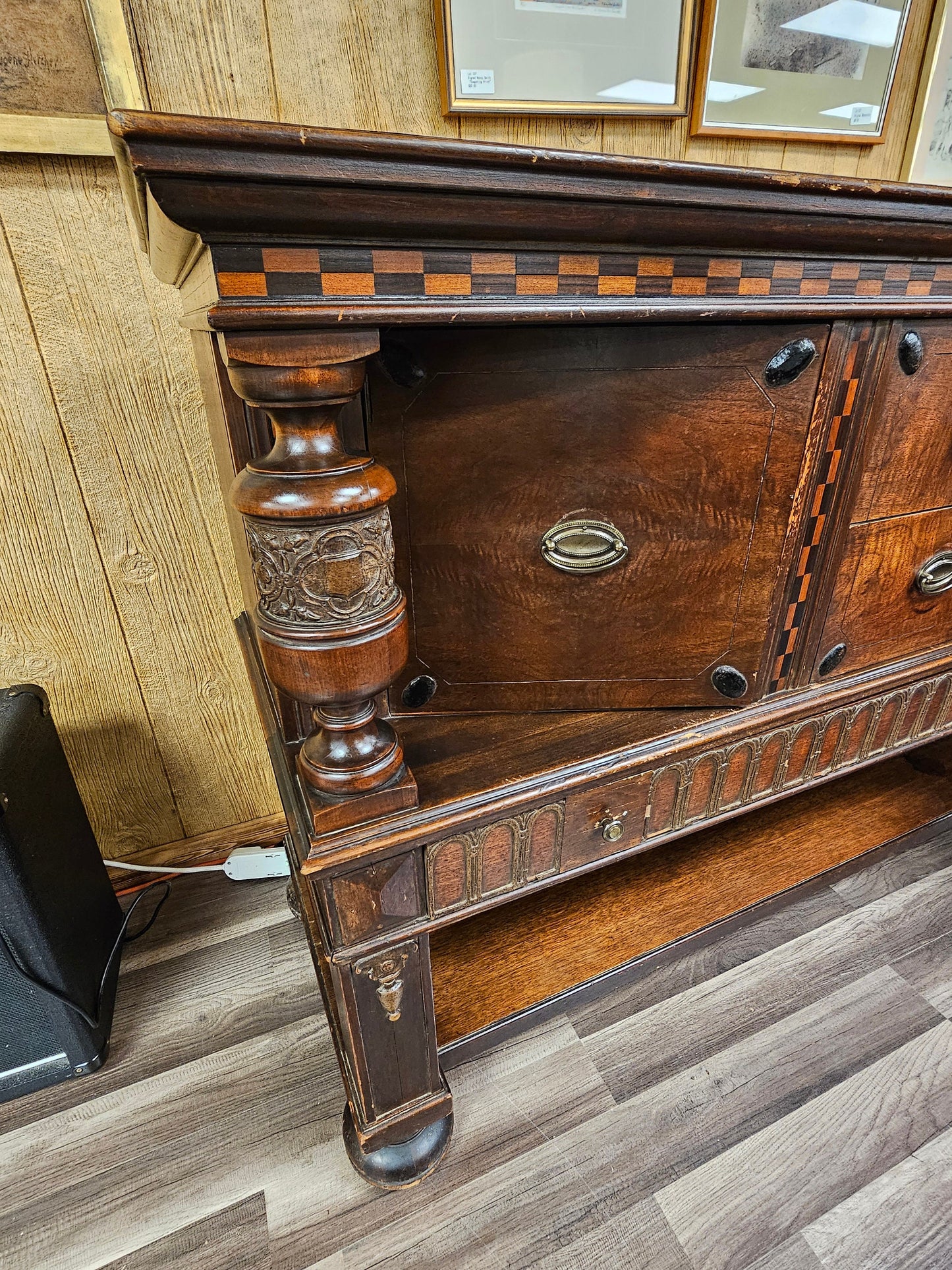 Antique Oak Sideboard Cabinet W Carved Columns & Checkered Inlay 3 Drawers Local Pick Up
