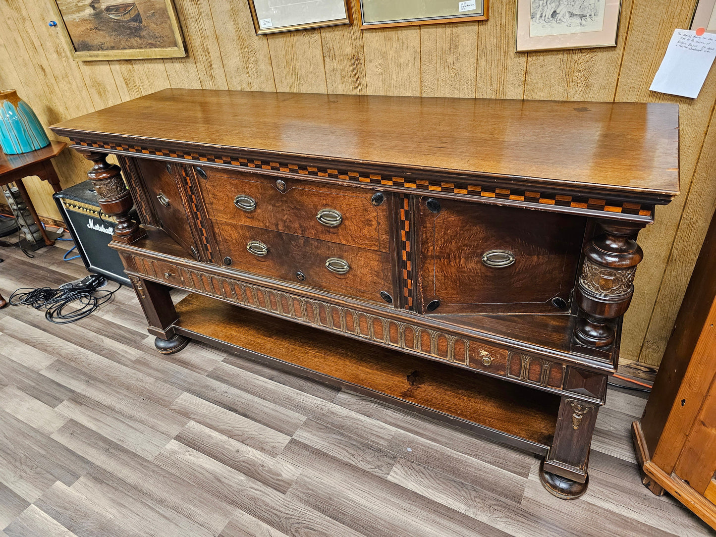 Antique Oak Sideboard Cabinet W Carved Columns & Checkered Inlay 3 Drawers Local Pick Up
