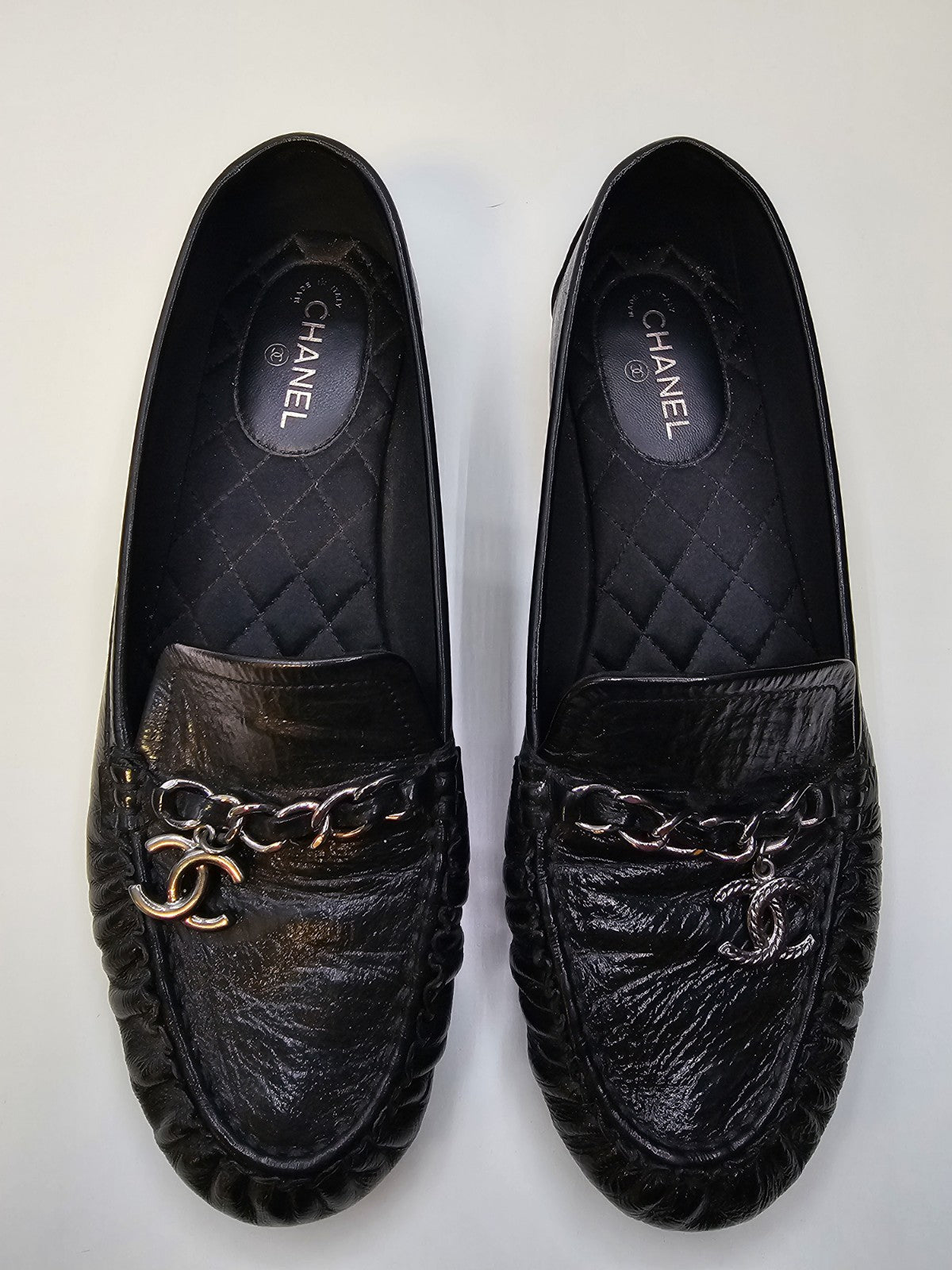 Chanel Loafers Size 37 Crinkled Patent Calfskin Black Used Good Condition