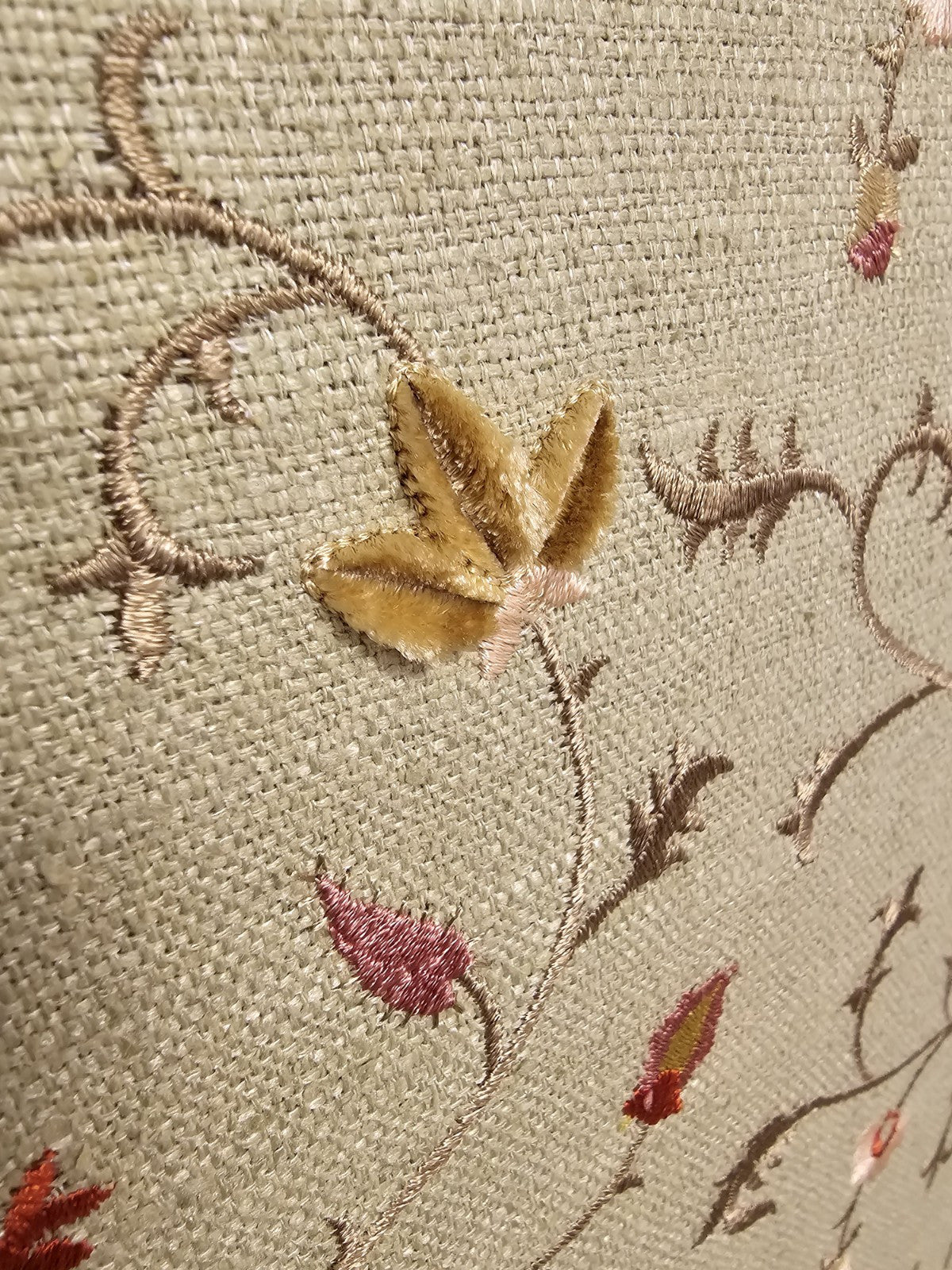 Vtg Wood & Cane Wing Accent Chair With Embroidered Floral And Leaf Design