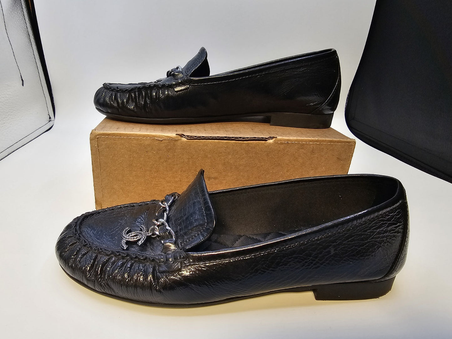 Chanel Loafers Size 37 Crinkled Patent Calfskin Black Used Good Condition