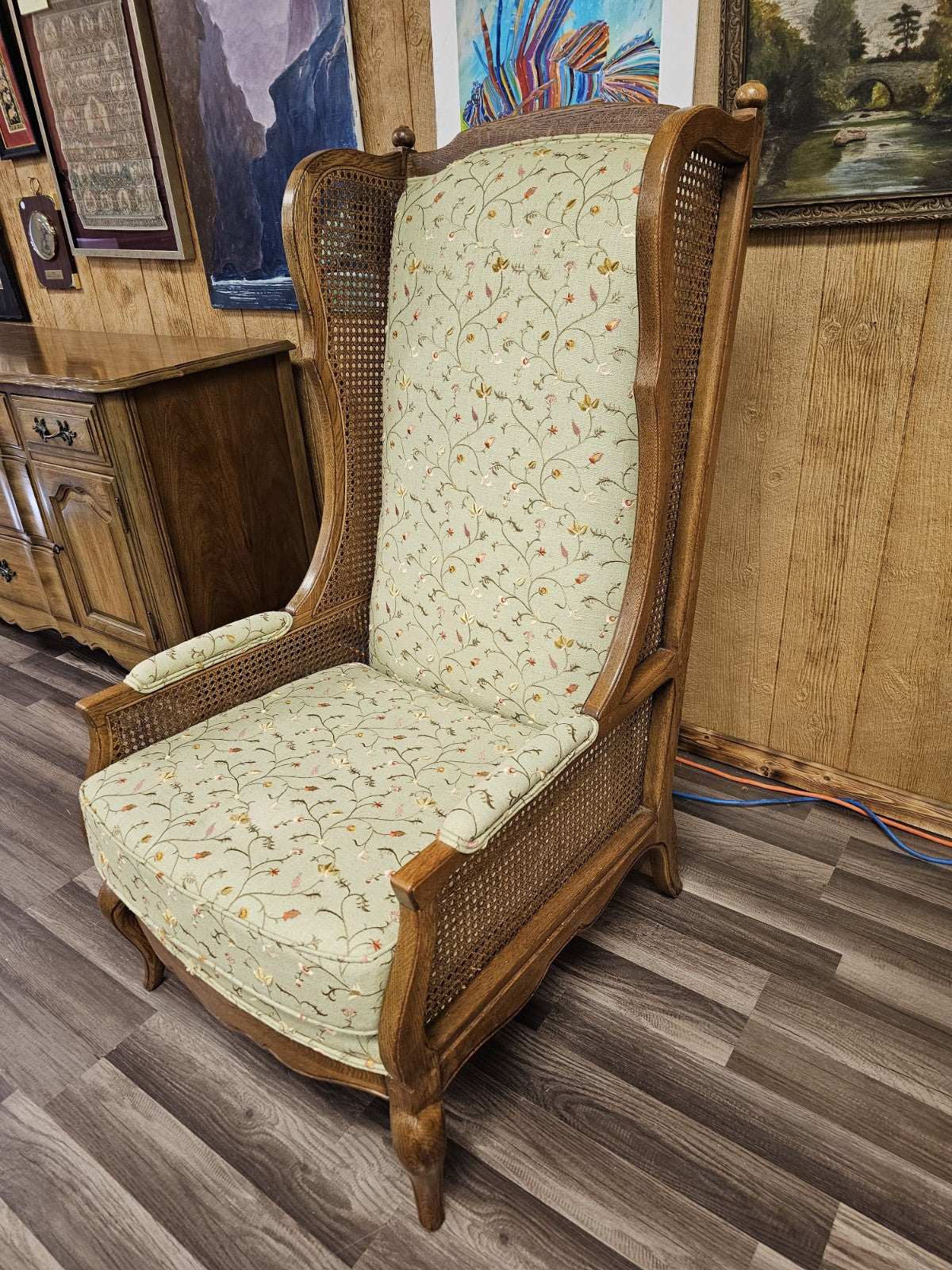 Vtg Wood & Cane Wing Accent Chair With Embroidered Floral And Leaf Design
