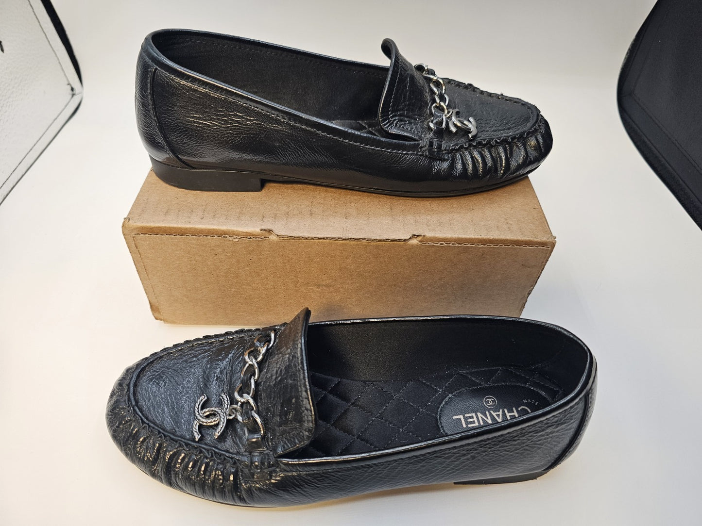 Chanel Loafers Size 37 Crinkled Patent Calfskin Black Used Good Condition