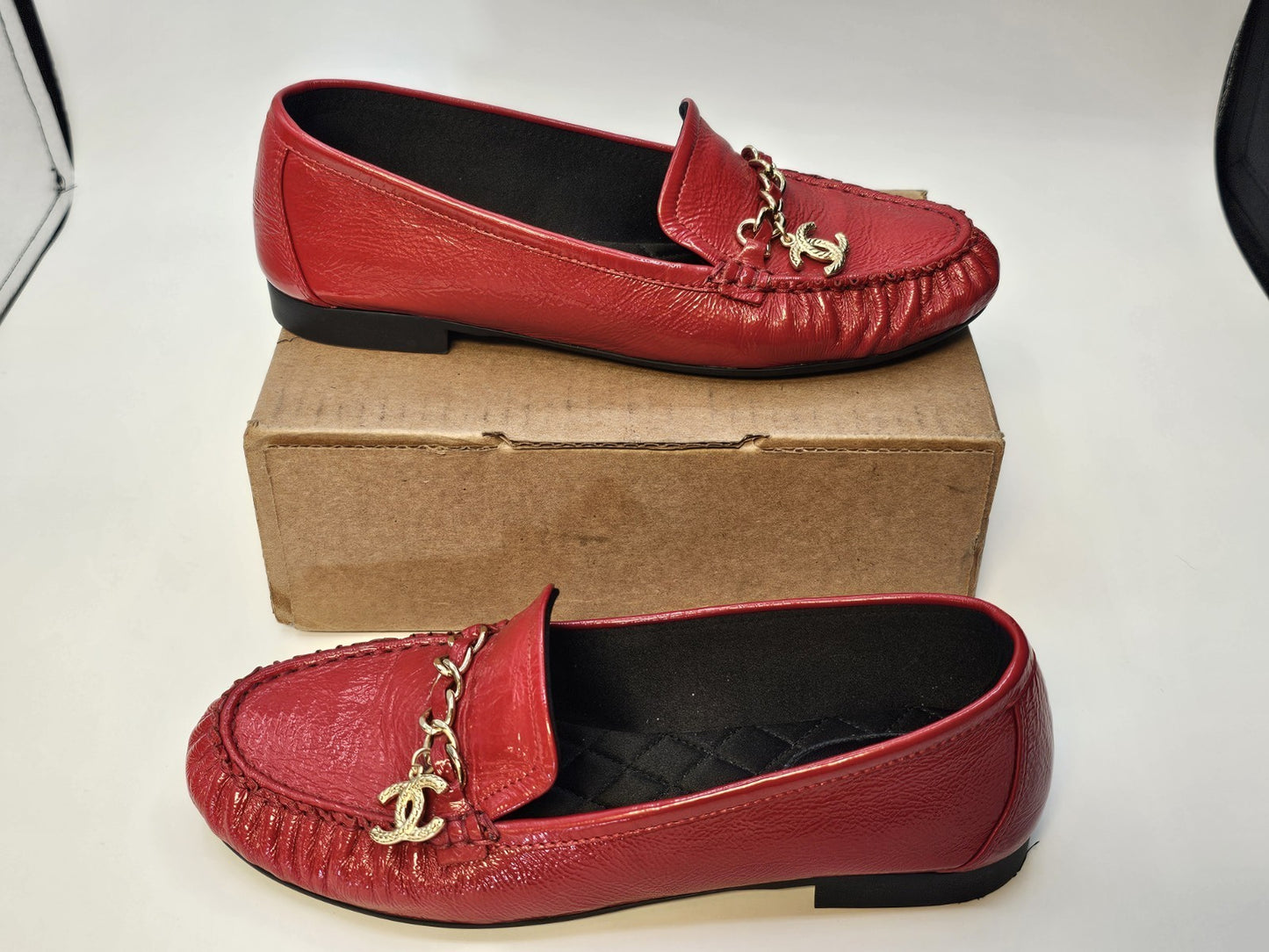 Chanel Loafers Size 37 Crinkled Patent Calfskin Red Used Good Condition