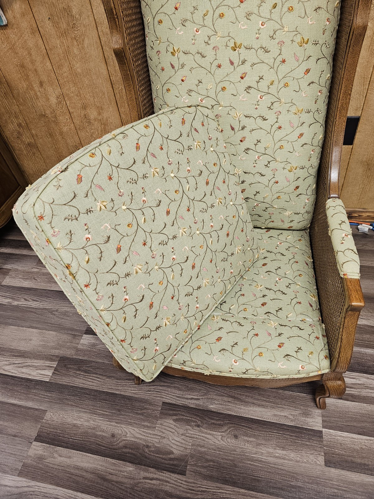 Vtg Wood & Cane Wing Accent Chair With Embroidered Floral And Leaf Design