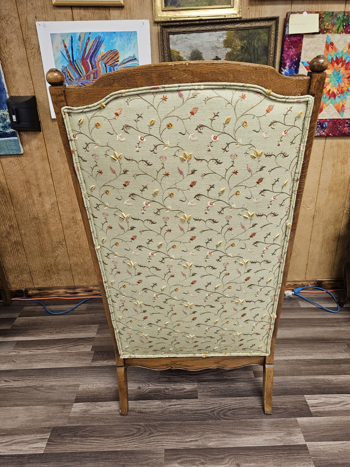Vtg Wood & Cane Wing Accent Chair With Embroidered Floral And Leaf Design