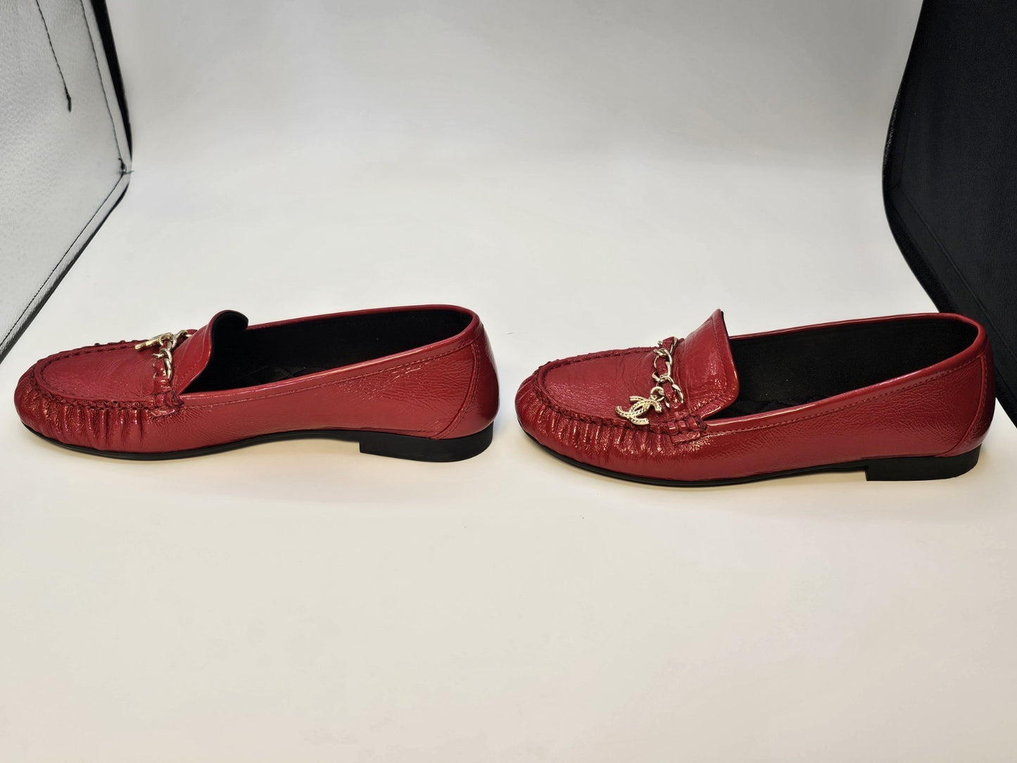 Chanel Loafers Size 37 Crinkled Patent Calfskin Red Used Good Condition