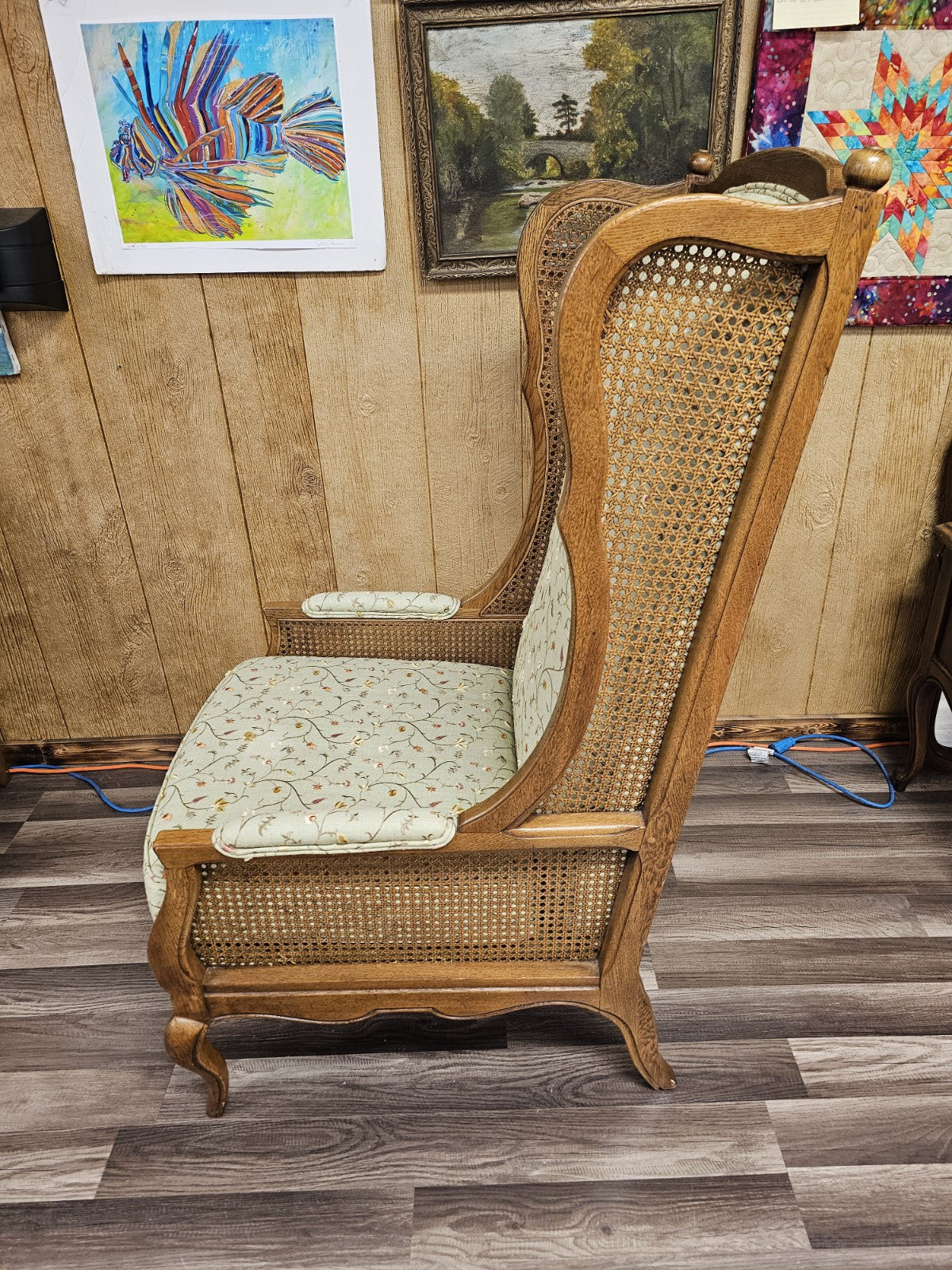 Vtg Wood & Cane Wing Accent Chair With Embroidered Floral And Leaf Design