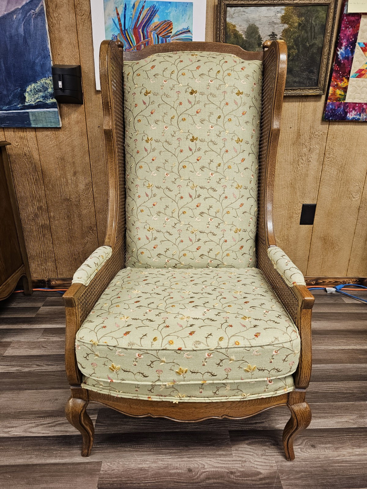 Vtg Wood & Cane Wing Accent Chair With Embroidered Floral And Leaf Design