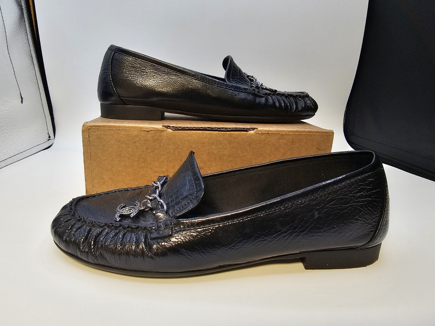 Chanel Loafers Size 37 Crinkled Patent Calfskin Black Used Good Condition