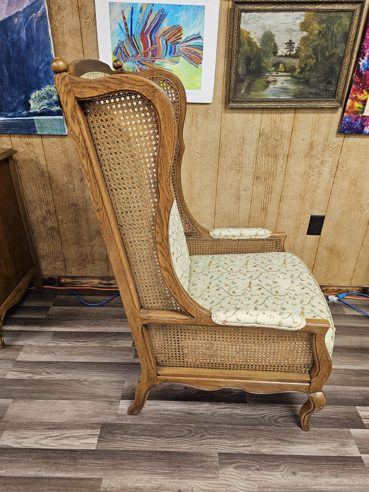 Vtg Wood & Cane Wing Accent Chair With Embroidered Floral And Leaf Design