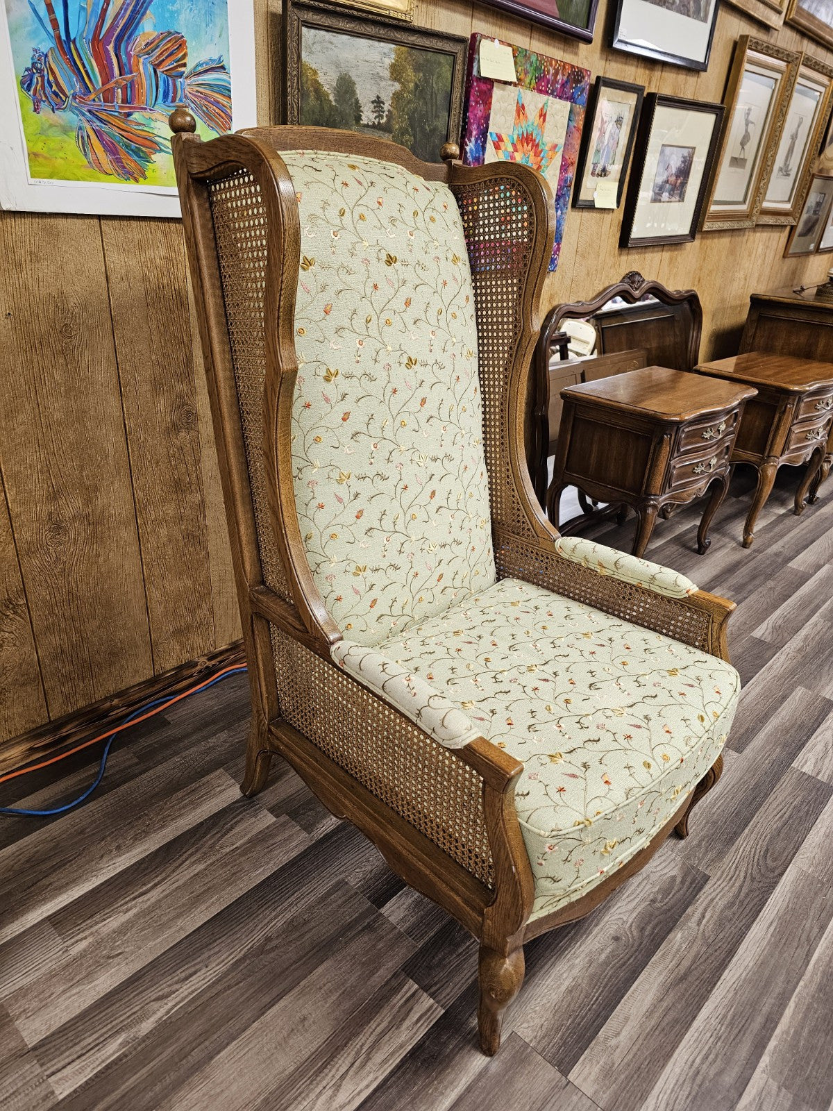 Vtg Wood & Cane Wing Accent Chair With Embroidered Floral And Leaf Design