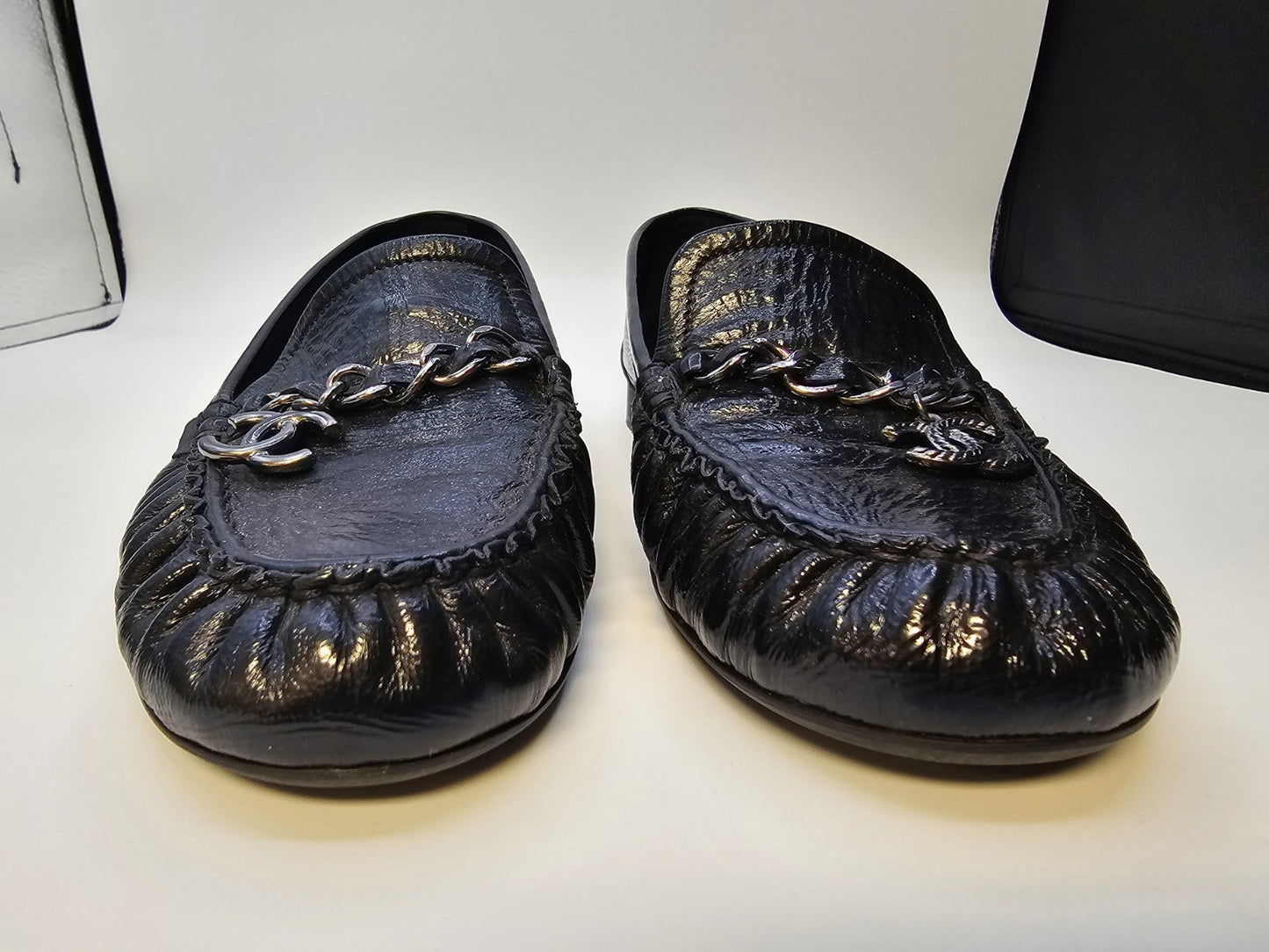 Chanel Loafers Size 37 Crinkled Patent Calfskin Black Used Good Condition