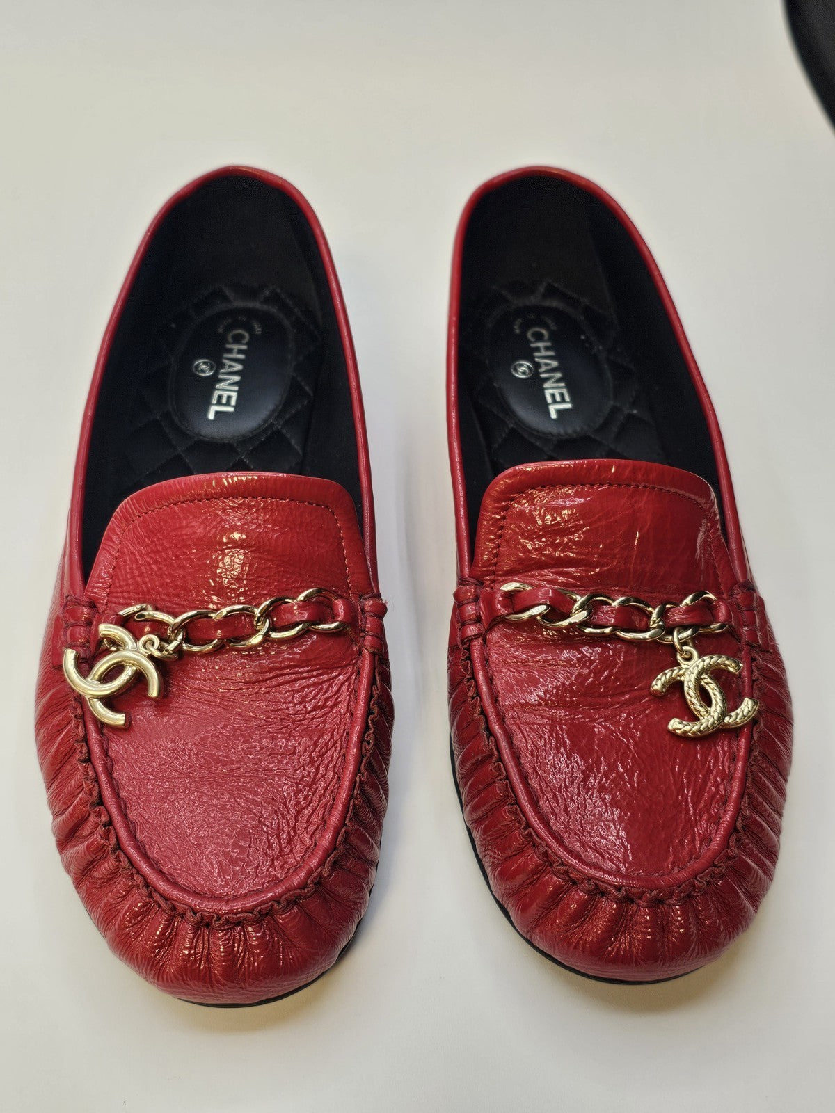 Chanel Loafers Size 37 Crinkled Patent Calfskin Red Used Good Condition