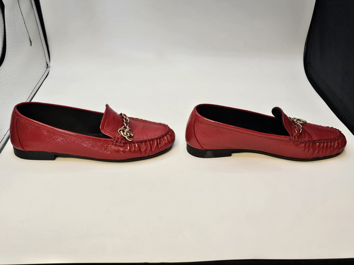 Chanel Loafers Size 37 Crinkled Patent Calfskin Red Used Good Condition