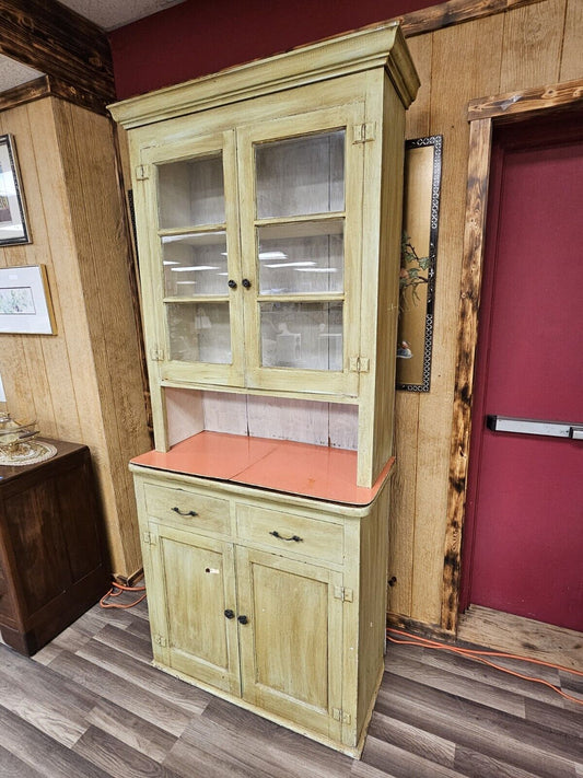 Antique Primitive Southern Country Farm Pine Storage Display Cabinet Green Hutch