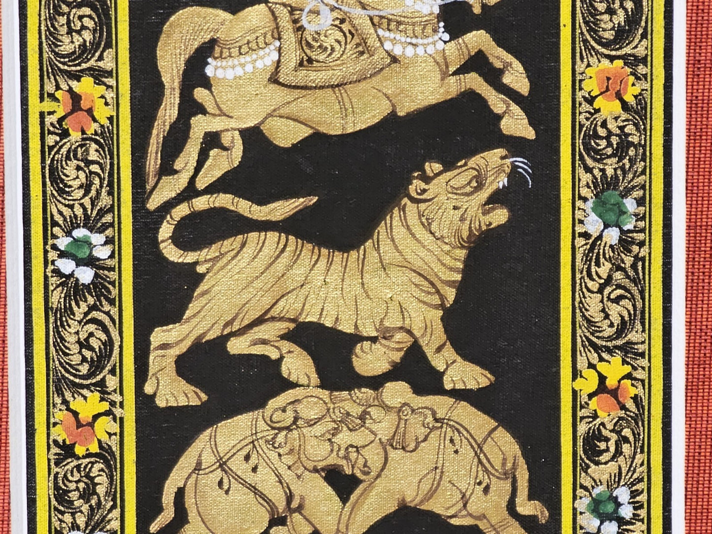 Rajasthani Style Indian Persian Framed Animal Procession Hand Painted On Silk