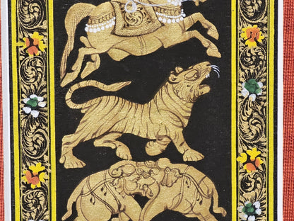 Rajasthani Style Indian Persian Framed Animal Procession Hand Painted On Silk