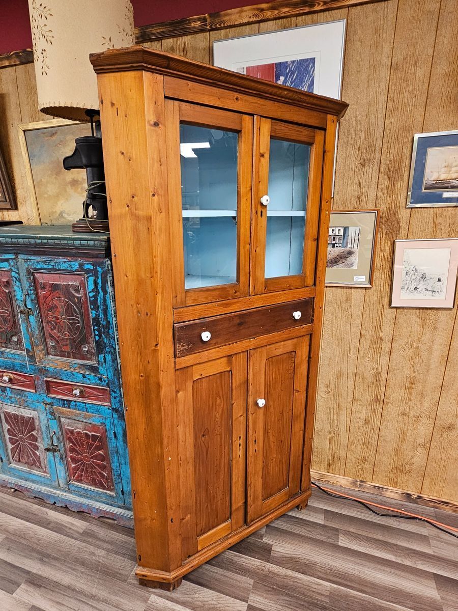 Antique Primitive Pine Corner Cabinet w Glass Panel Doors & Porcelain Pulls