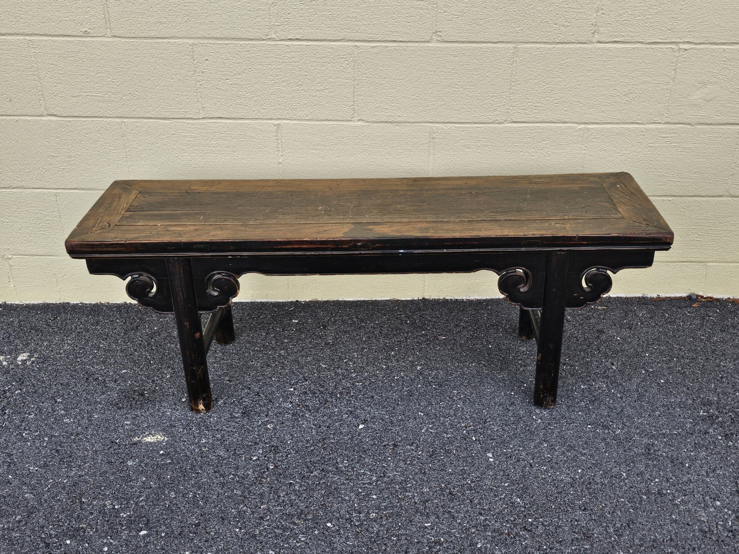 19th Century Antique Chinese Elm Wood Carved Short Table Bench Tongue & Groove