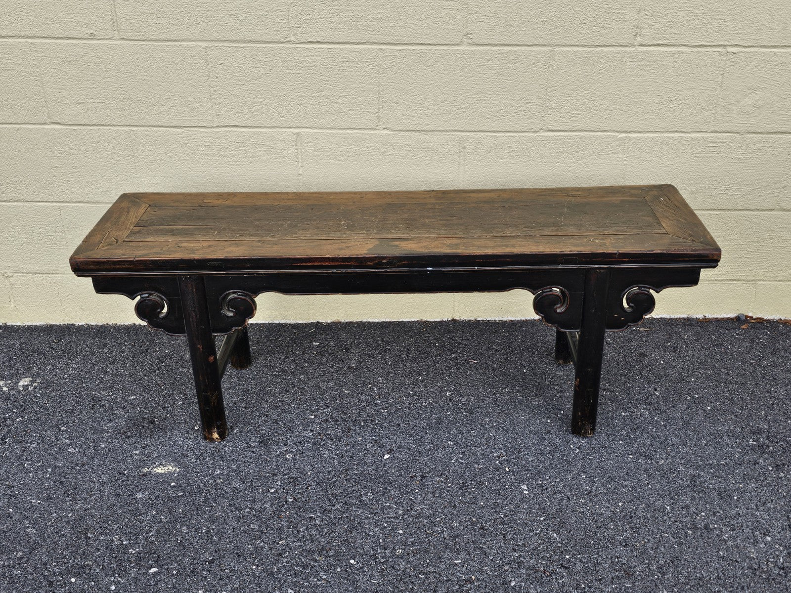 19th Century Antique Chinese Elm Wood Carved Short Table Bench Tongue & Groove