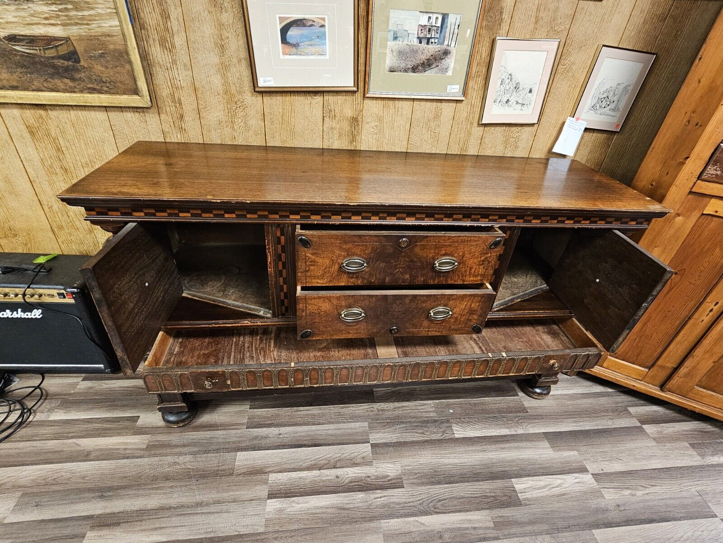 Antique Oak Sideboard Cabinet W Carved Columns & Checkered Inlay 3 Drawers