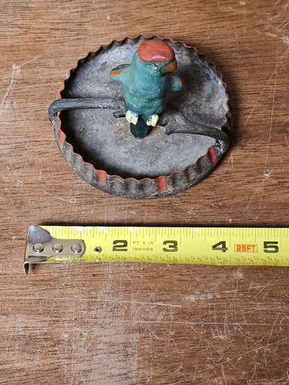 Vtg Metal Tin Bird Parrot Ashtray Hand Painted 4 Inch Wide
