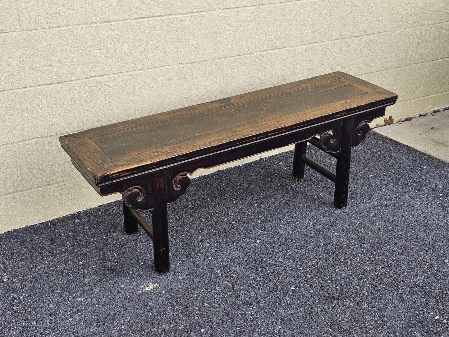 19th Century Antique Chinese Elm Wood Carved Short Table Bench Tongue & Groove