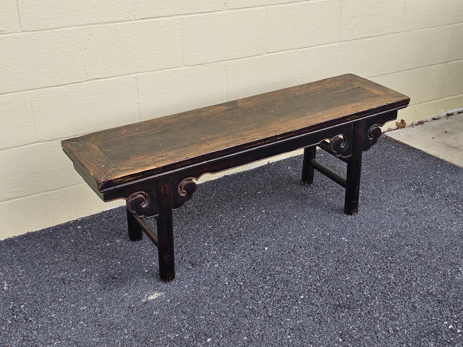 19th Century Antique Chinese Elm Wood Carved Short Table Bench Tongue & Groove