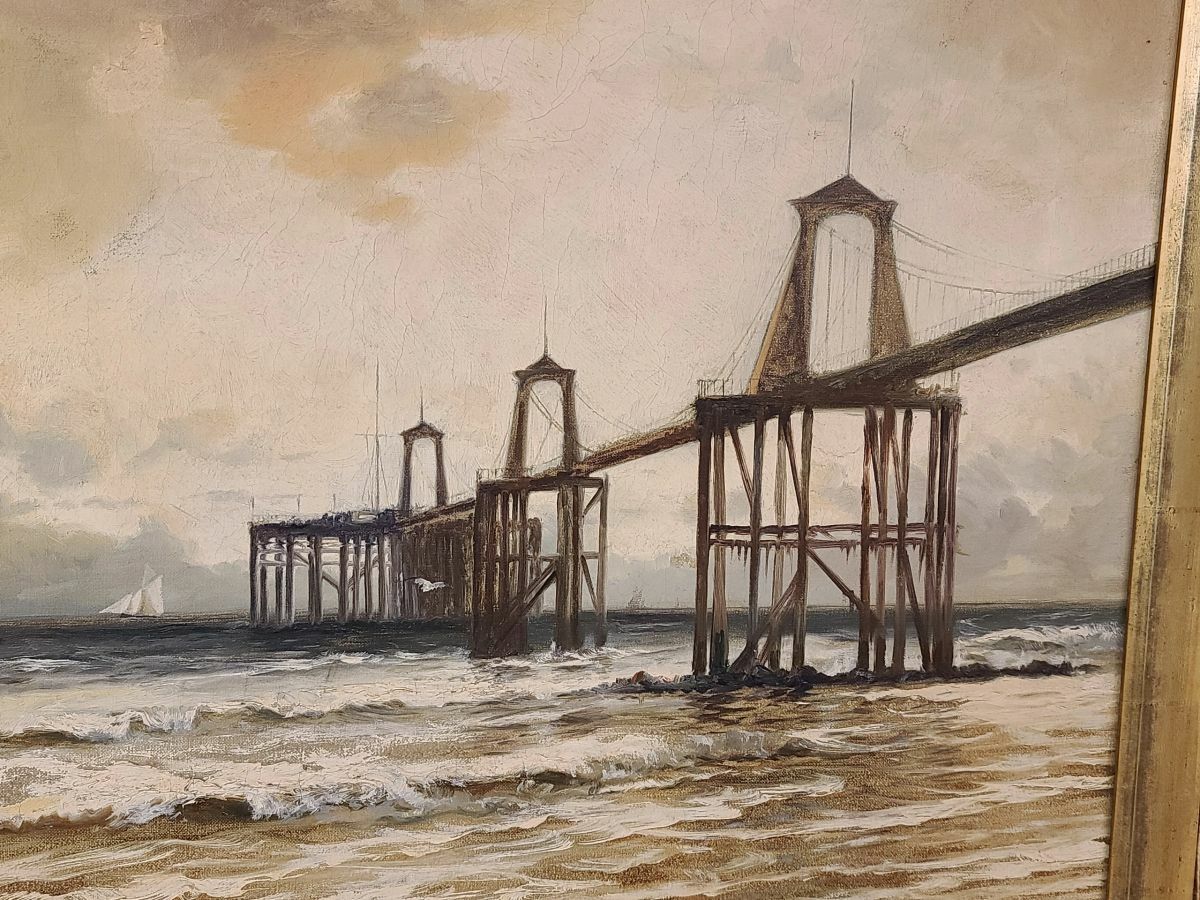Original Eugene Fletcher Oil on Canvas English Water Pier Boat Scene (1857-1945)