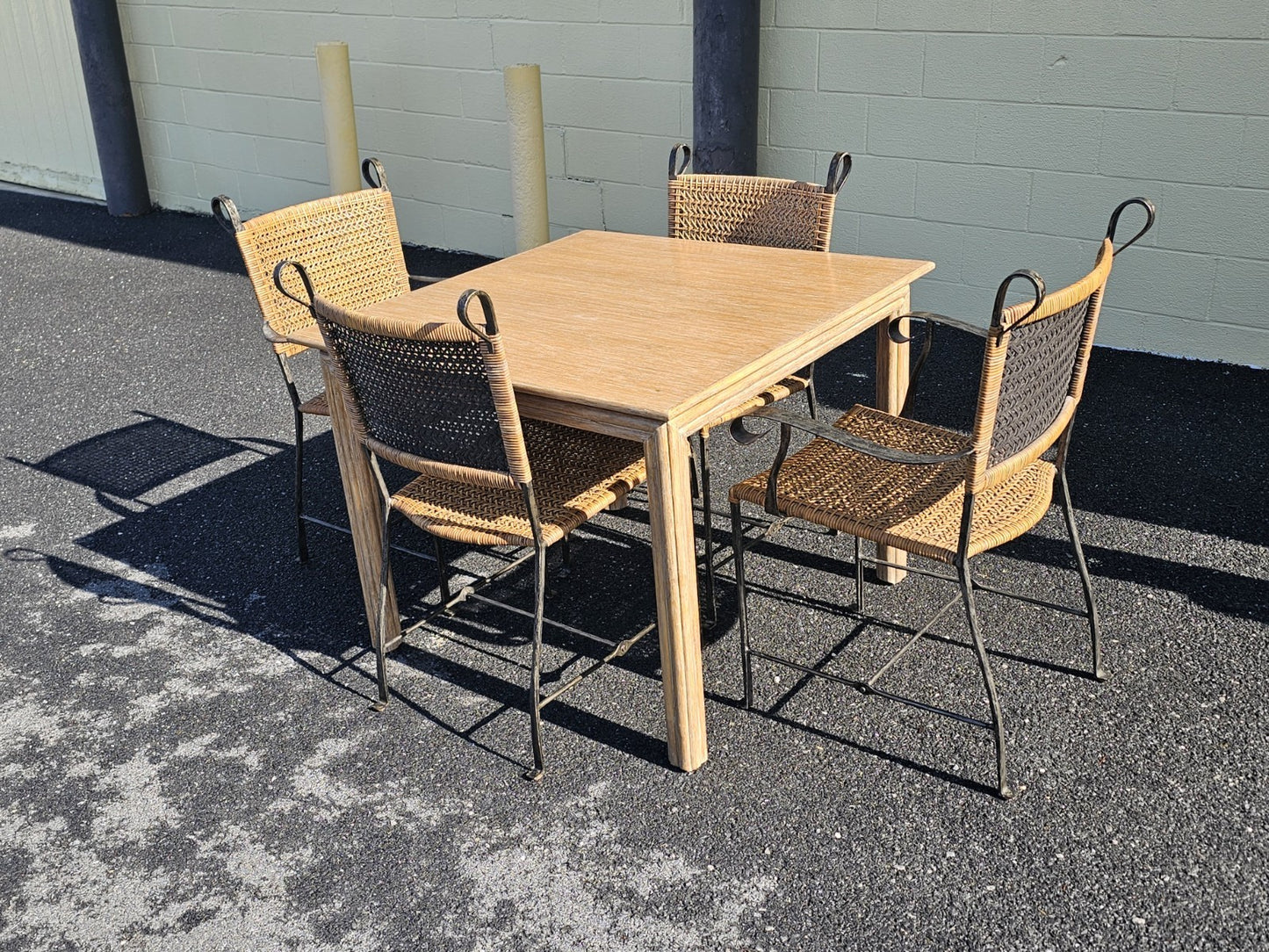 Ched Berenguer Topacio Rattan & Iron Strap Chairs W MCM McGuire Oak Table