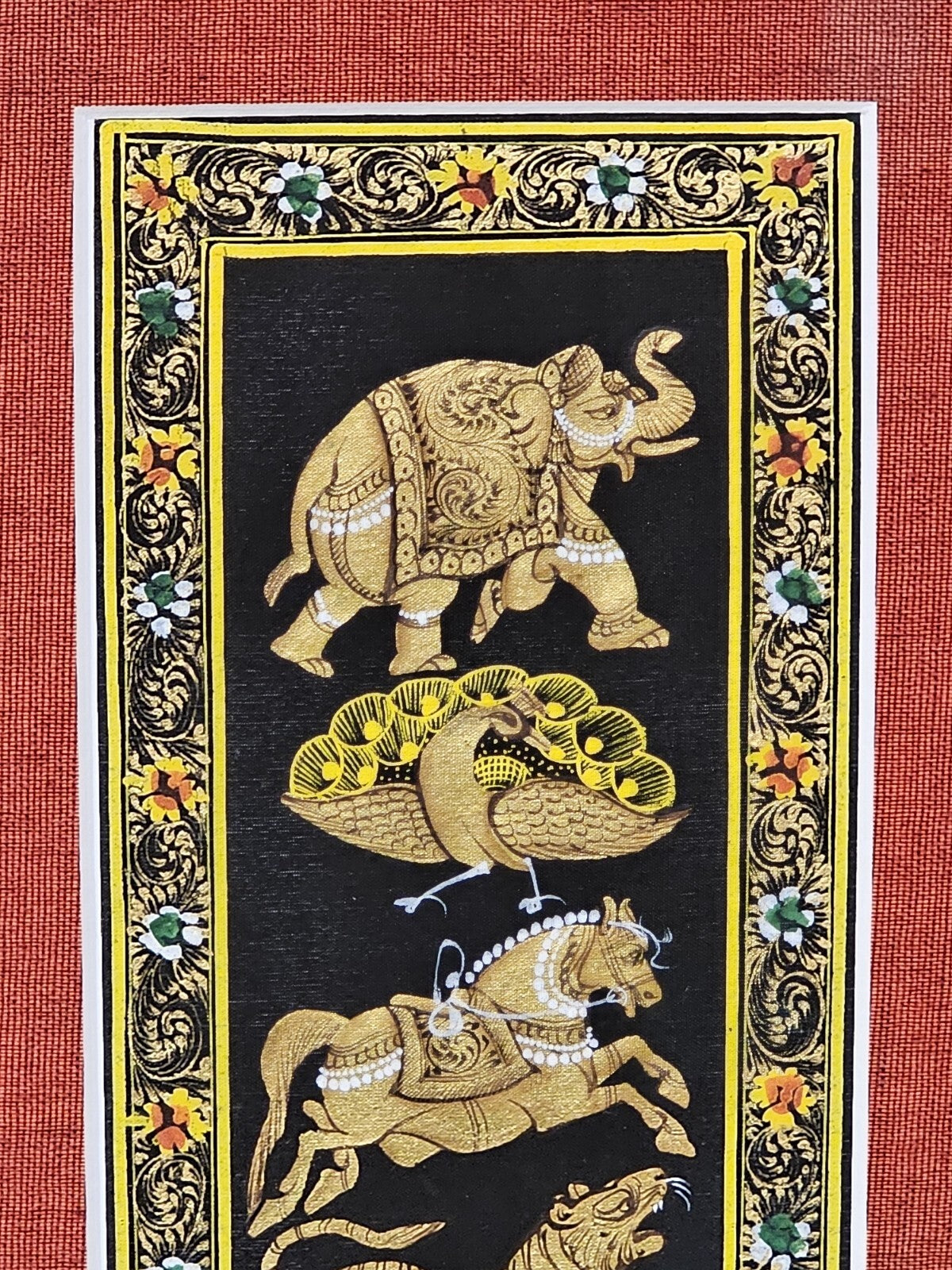 Rajasthani Style Indian Persian Framed Animal Procession Hand Painted On Silk