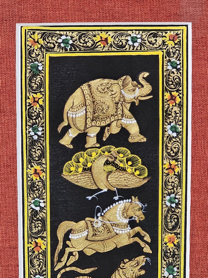 Rajasthani Style Indian Persian Framed Animal Procession Hand Painted On Silk