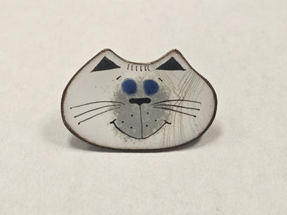 Vtg Nanci Mid Century Enamel On Copper Pin Brooch White Cat Face MCM Signed