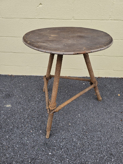 MCM Nautical Theme Side Table W Woven Rattan Top & Woven Rope Tripod Legs