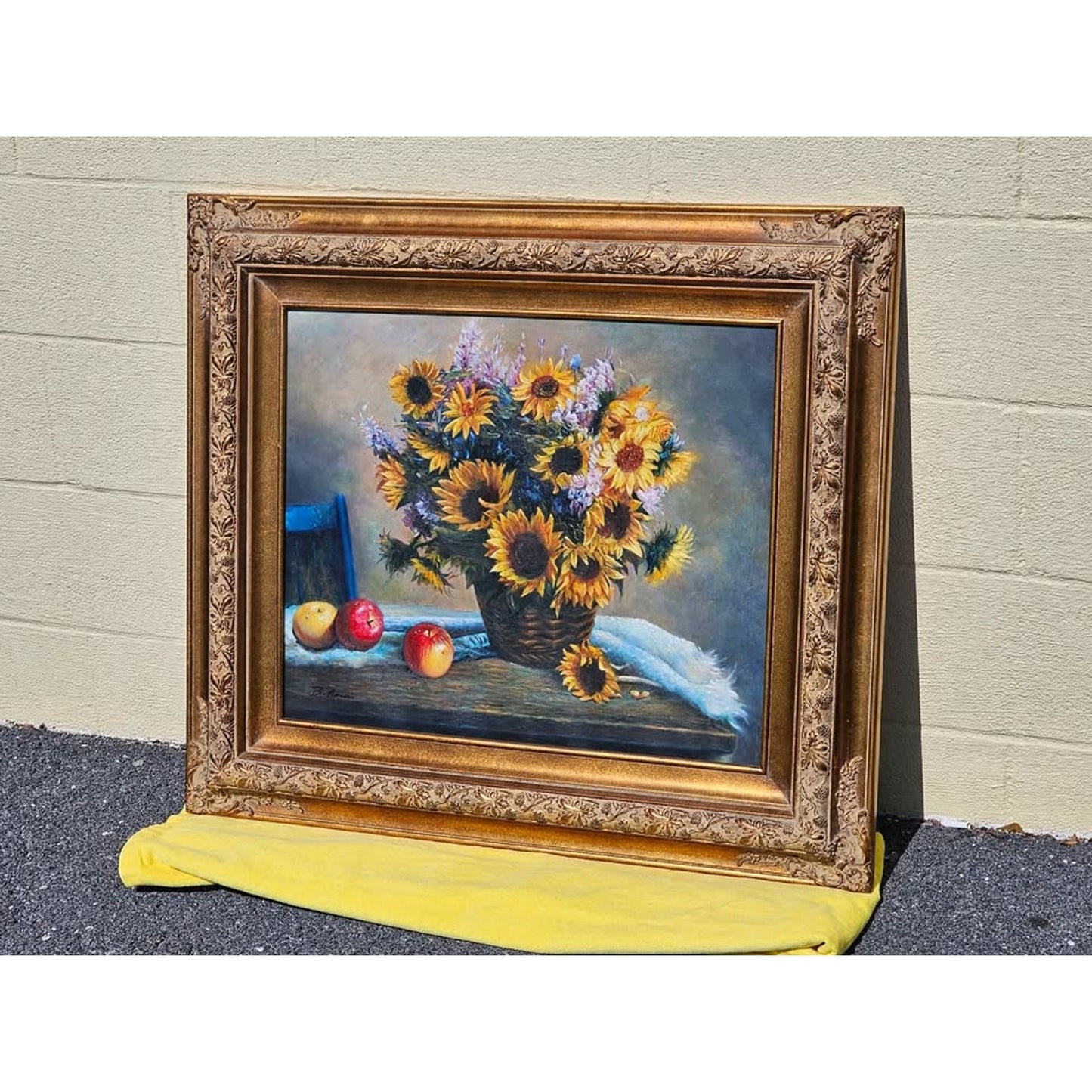 Original Still Life Painting Oil Painting of Sunflowers & Fruit w Ornate Frame