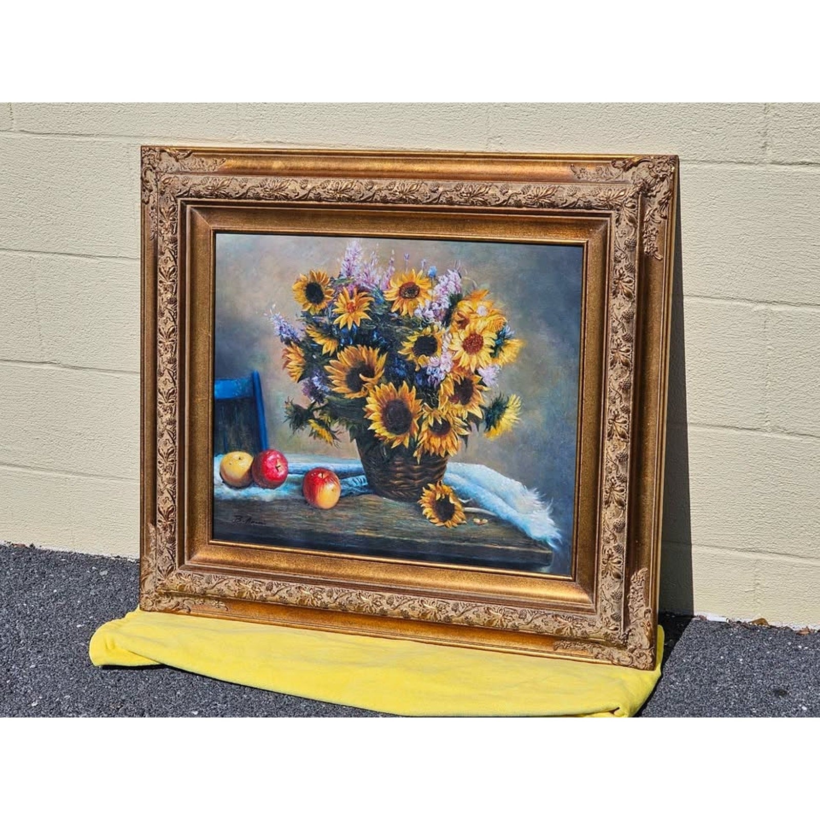 Original Still Life Painting Oil Painting of Sunflowers & Fruit w Ornate Frame