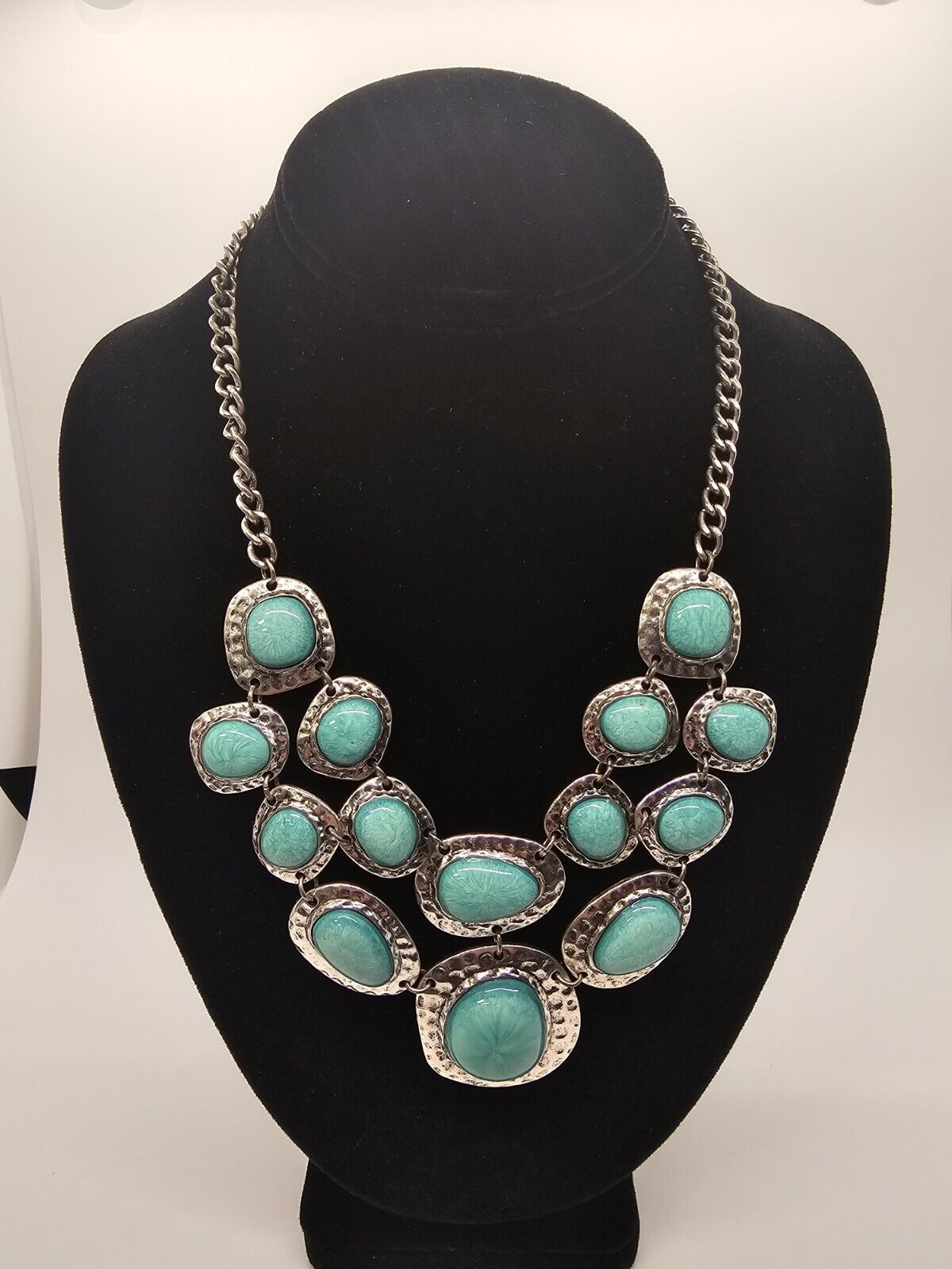 Silver Tone Faux Turquoise Choker Statement Necklace Native American Style