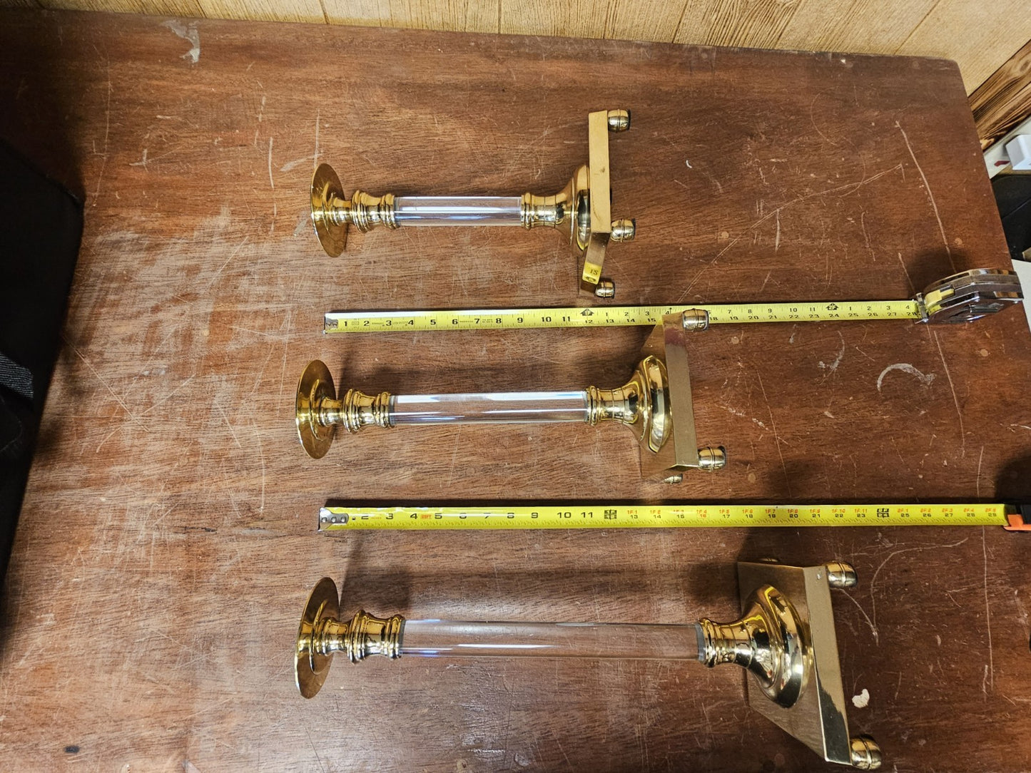 Vtg MCM Brass & Lucite Candle Holders Set Of Three 18.5 T X 16 T X 13.5 T 