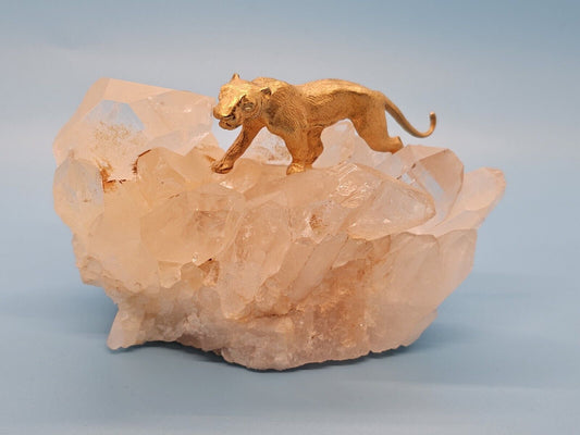 Vintage Quartz Crystal Rock With Gold Toned Walking Tiger 5 Inches Long