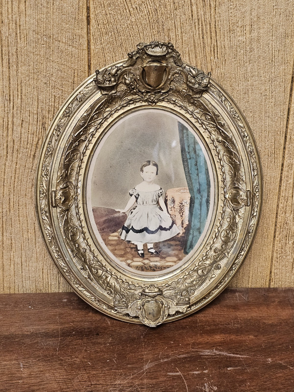 Antique Mid 19th Century Hand Colored Photo In Ornate Gold Gilt Deepwell Frame 