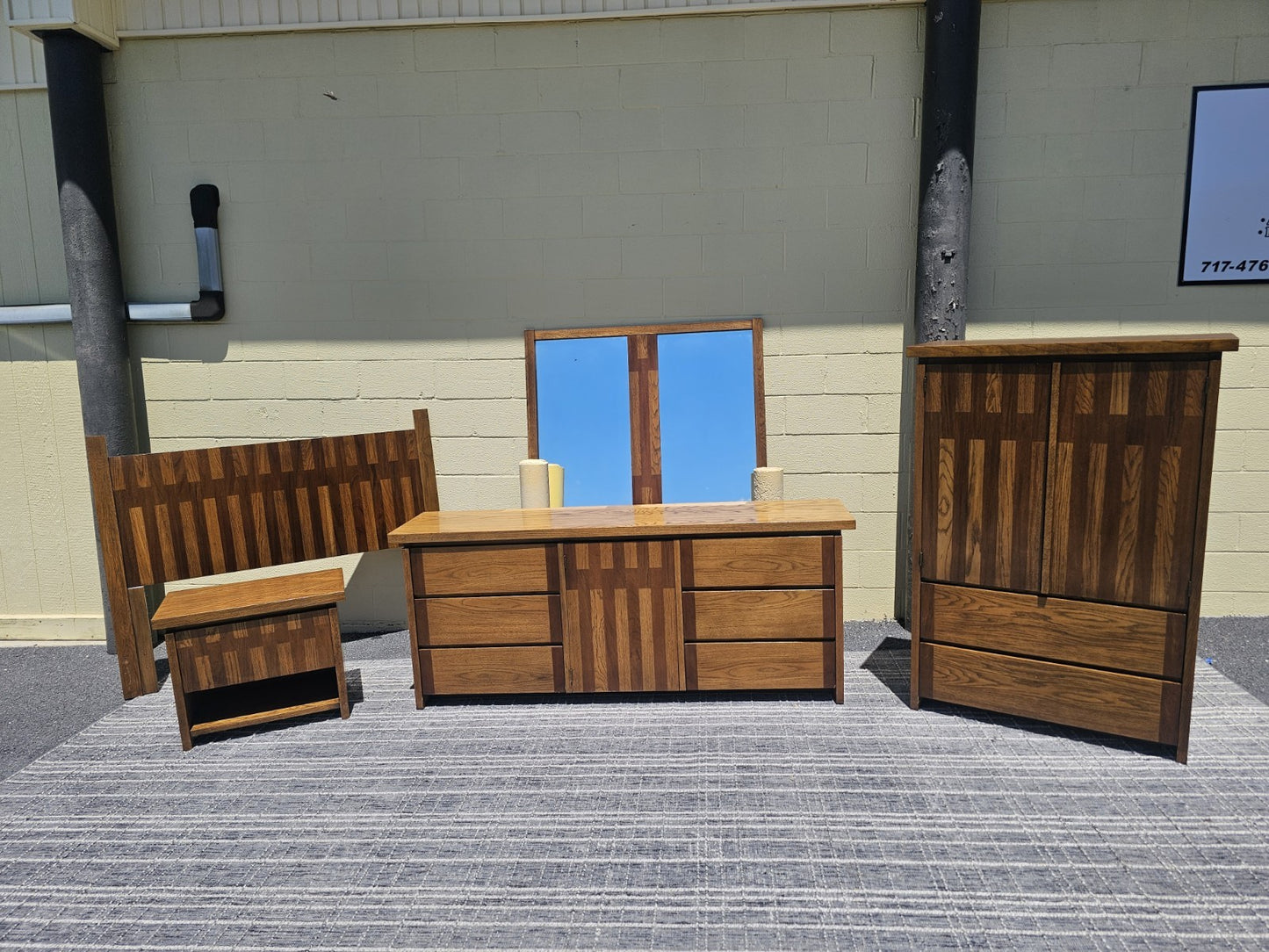 Mid Century Retro Post Modern Lane Oak Bedroom Set W Geometric Design 