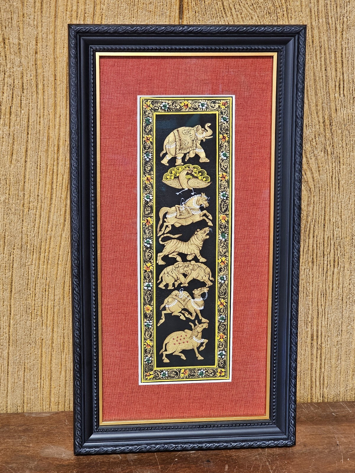 Rajasthani Style Indian Persian Framed Animal Procession Hand Painted On Silk