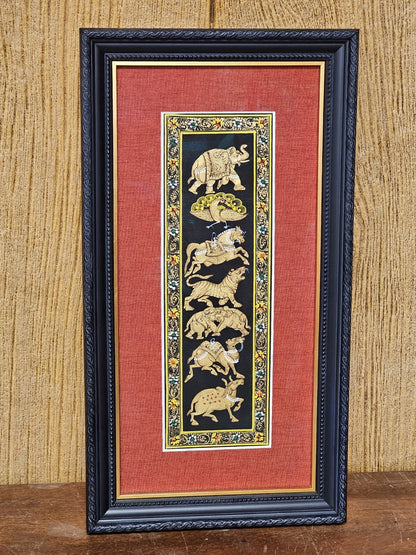 Rajasthani Style Indian Persian Framed Animal Procession Hand Painted On Silk